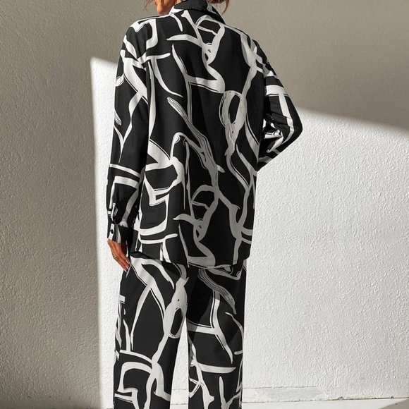 white black shirt & wide leg pant set chic fun - Picture 3 of 6